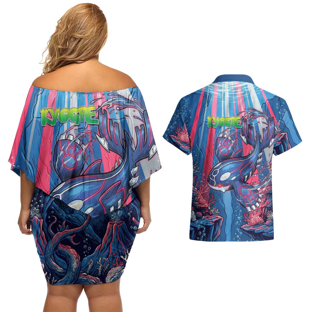 Kyogre Alpha Couples Matching Off Shoulder Short Dress and Hawaiian Shirt Neon Deep Sea Coral Art