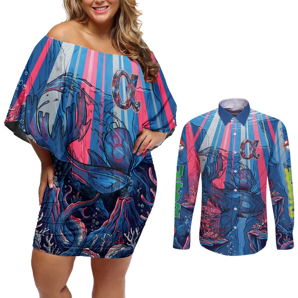 Kyogre Alpha Couples Matching Off Shoulder Short Dress and Long Sleeve Button Shirt Neon Deep Sea Coral Art
