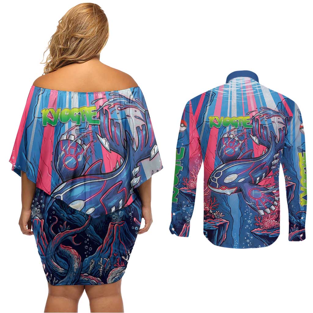 Kyogre Alpha Couples Matching Off Shoulder Short Dress and Long Sleeve Button Shirt Neon Deep Sea Coral Art