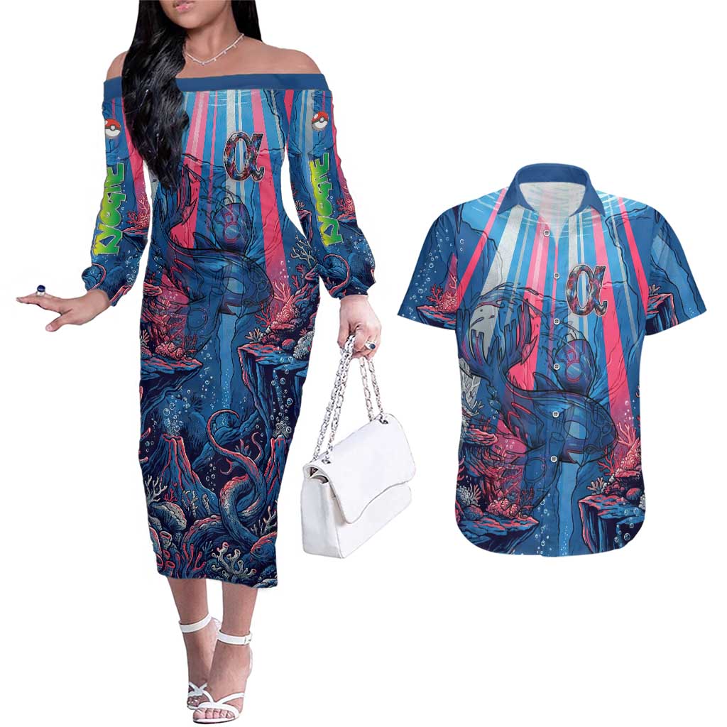 Kyogre Alpha Couples Matching Off The Shoulder Long Sleeve Dress and Hawaiian Shirt Neon Deep Sea Coral Art