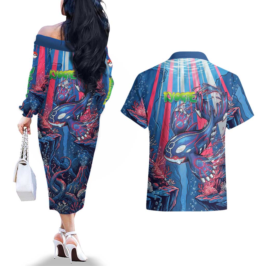 Kyogre Alpha Couples Matching Off The Shoulder Long Sleeve Dress and Hawaiian Shirt Neon Deep Sea Coral Art
