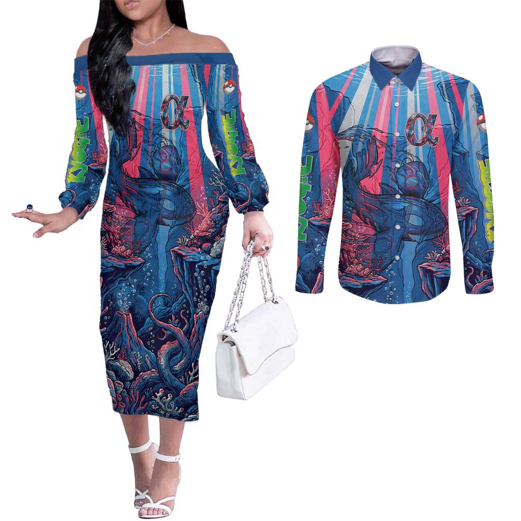 Kyogre Alpha Couples Matching Off The Shoulder Long Sleeve Dress and Long Sleeve Button Shirt Neon Deep Sea Coral Art