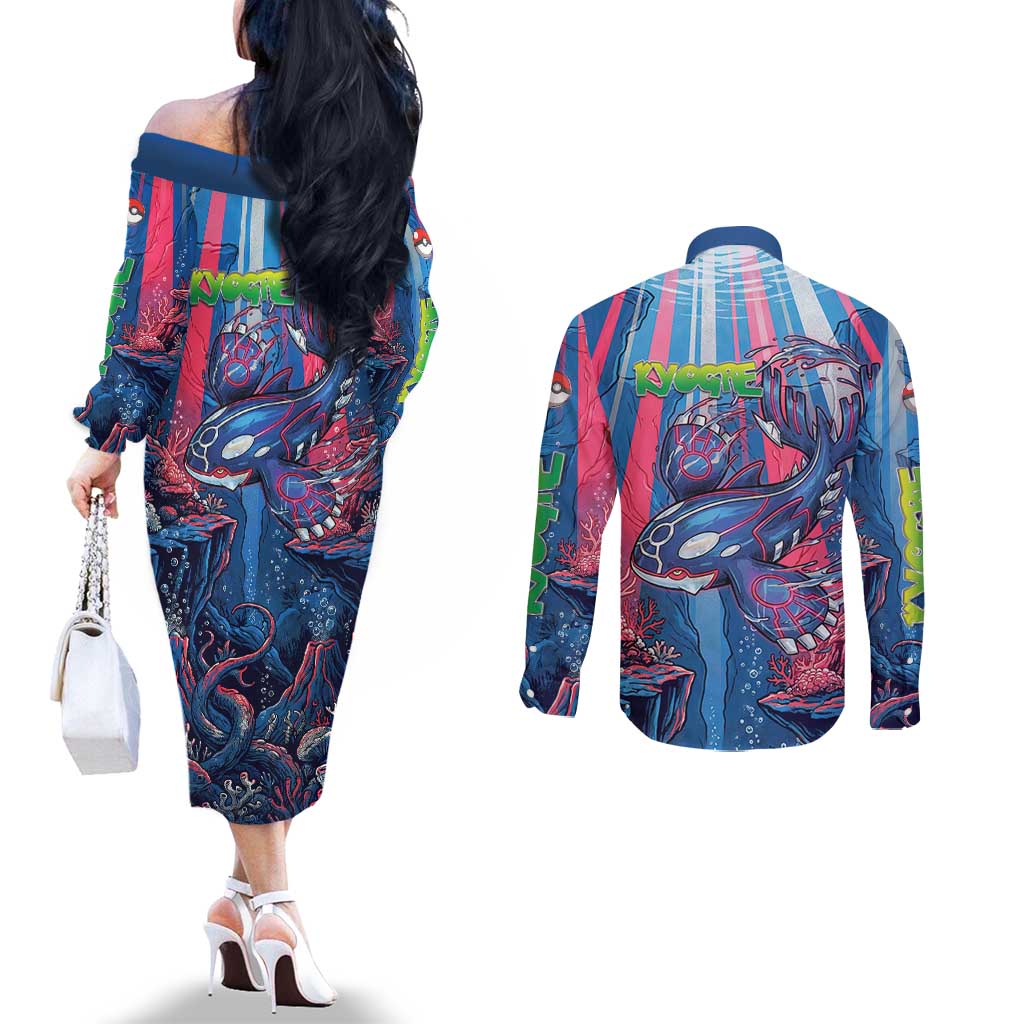 Kyogre Alpha Couples Matching Off The Shoulder Long Sleeve Dress and Long Sleeve Button Shirt Neon Deep Sea Coral Art