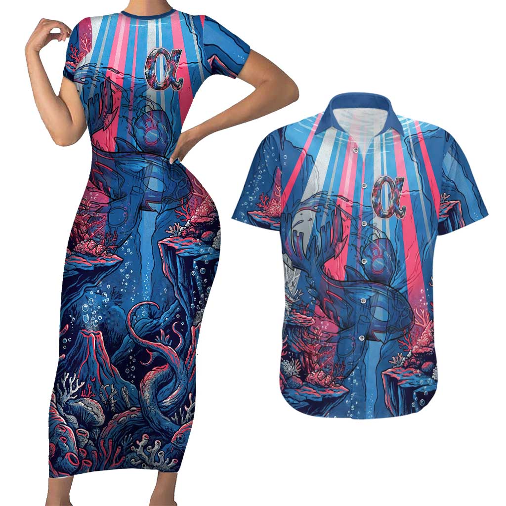 Kyogre Alpha Couples Matching Short Sleeve Bodycon Dress and Hawaiian Shirt Neon Deep Sea Coral Art