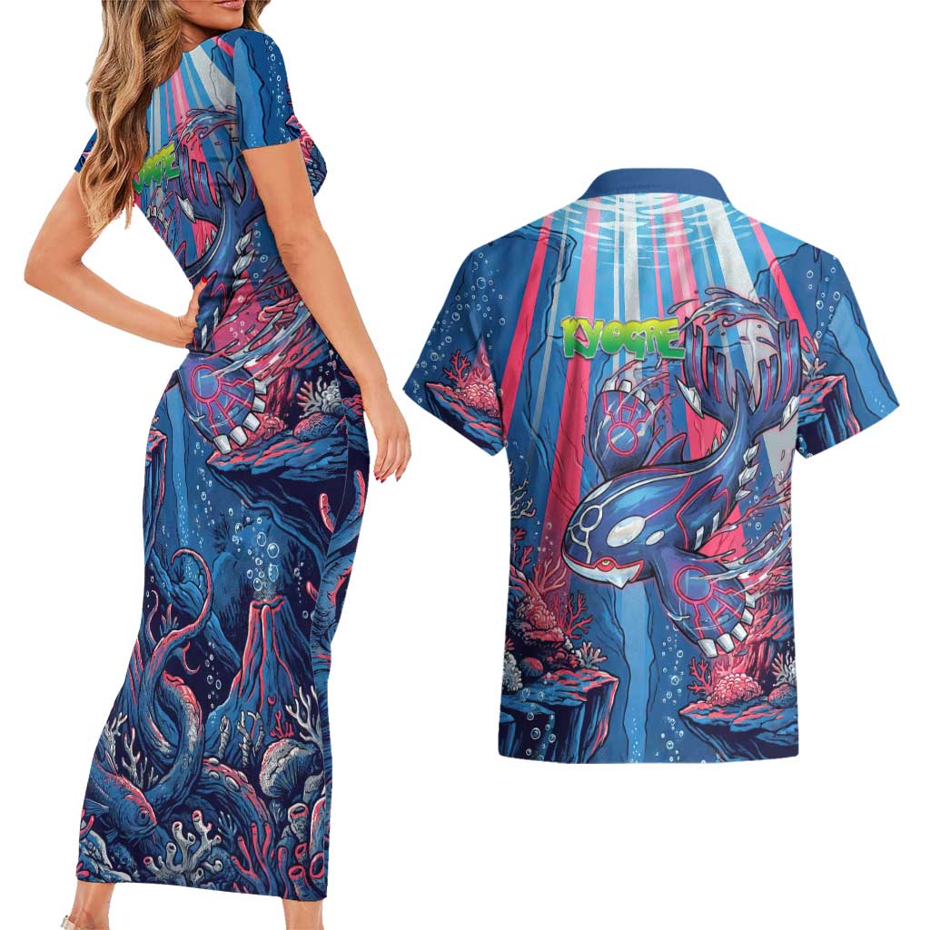 Kyogre Alpha Couples Matching Short Sleeve Bodycon Dress and Hawaiian Shirt Neon Deep Sea Coral Art