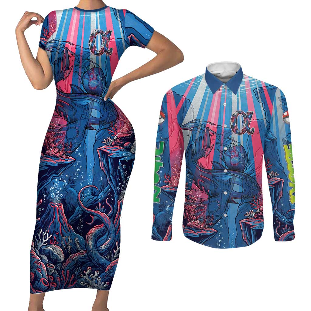 Kyogre Alpha Couples Matching Short Sleeve Bodycon Dress and Long Sleeve Button Shirt Neon Deep Sea Coral Art