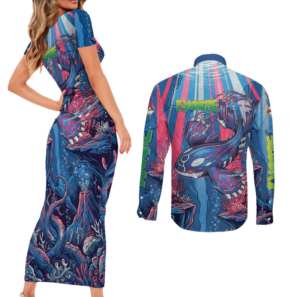 Kyogre Alpha Couples Matching Short Sleeve Bodycon Dress and Long Sleeve Button Shirt Neon Deep Sea Coral Art