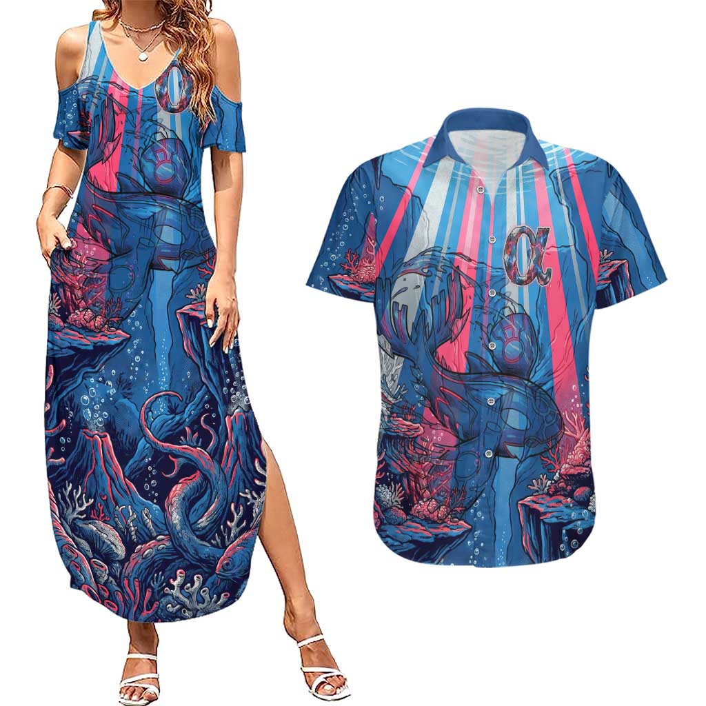 Kyogre Alpha Couples Matching Summer Maxi Dress and Hawaiian Shirt Neon Deep Sea Coral Art