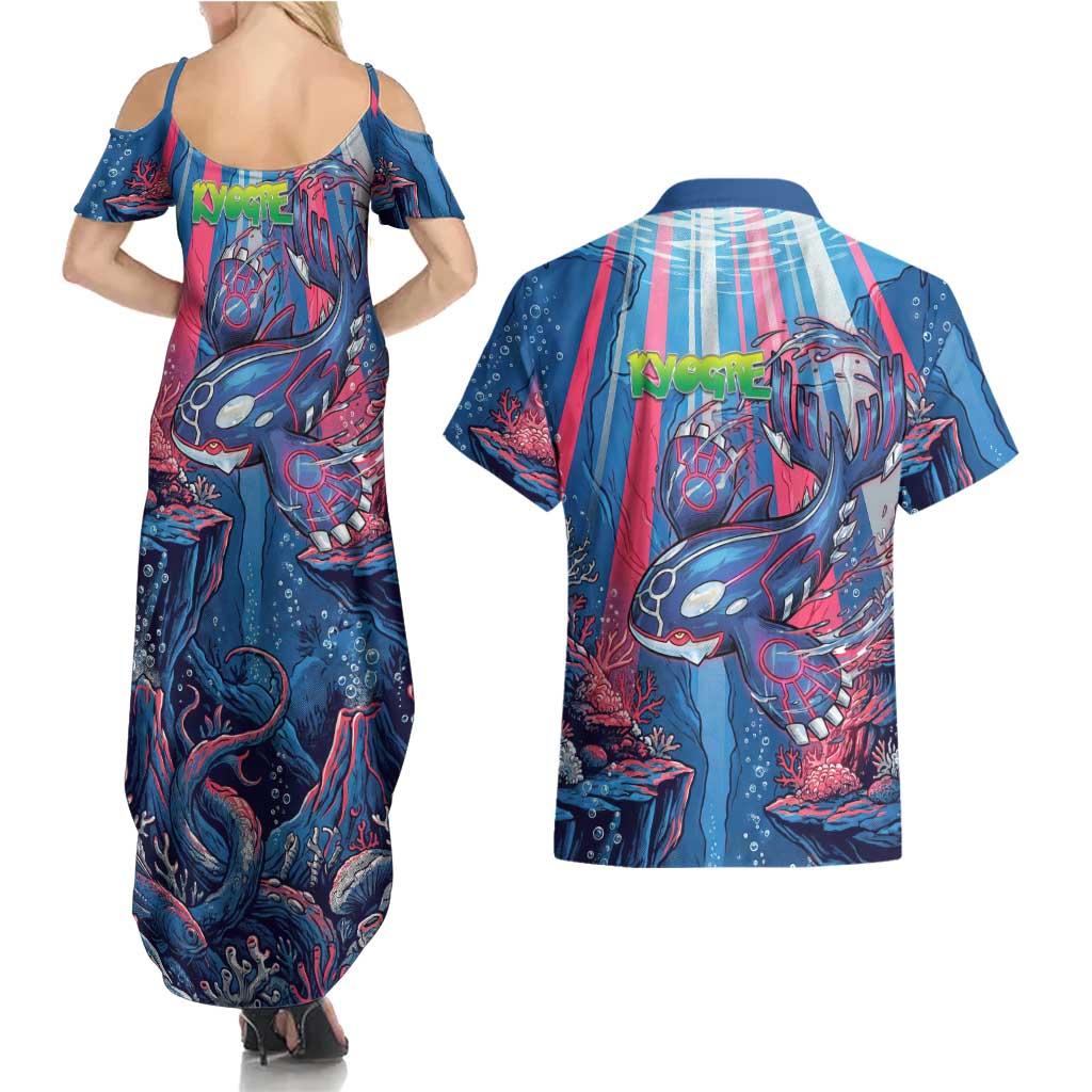 Kyogre Alpha Couples Matching Summer Maxi Dress and Hawaiian Shirt Neon Deep Sea Coral Art