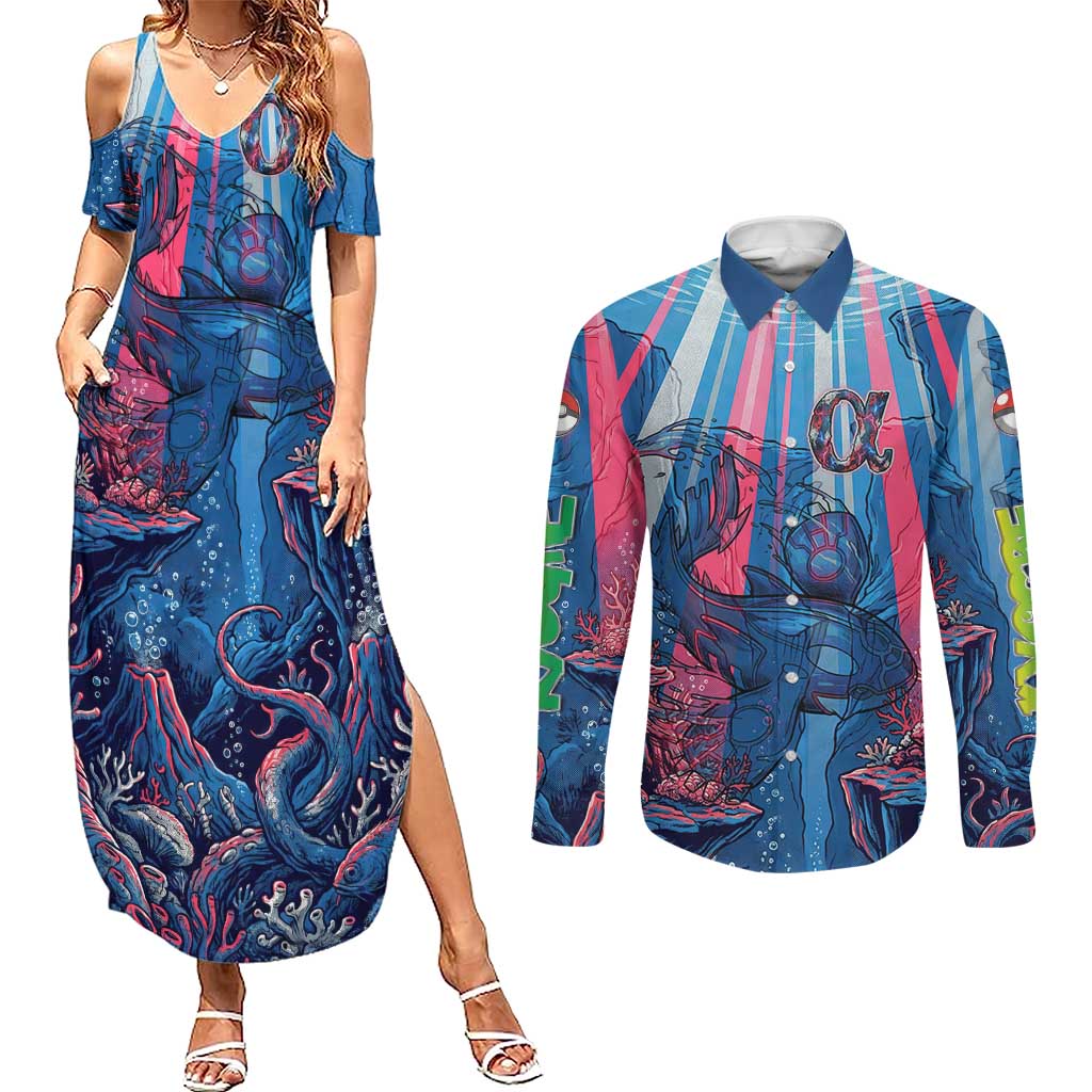 Kyogre Alpha Couples Matching Summer Maxi Dress and Long Sleeve Button Shirt Neon Deep Sea Coral Art