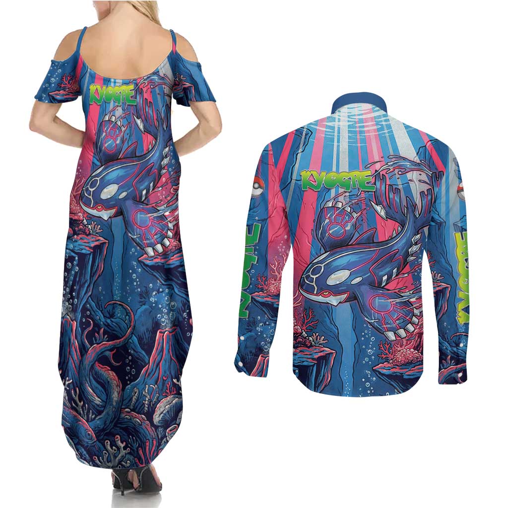 Kyogre Alpha Couples Matching Summer Maxi Dress and Long Sleeve Button Shirt Neon Deep Sea Coral Art