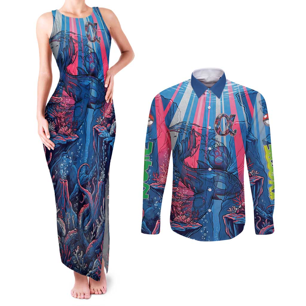 Kyogre Alpha Couples Matching Tank Maxi Dress and Long Sleeve Button Shirt Neon Deep Sea Coral Art
