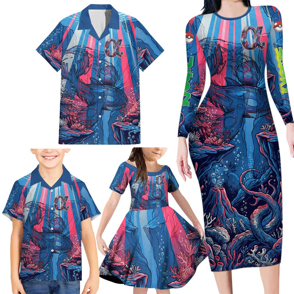 Kyogre Alpha Family Matching Long Sleeve Bodycon Dress and Hawaiian Shirt Neon Deep Sea Coral Art
