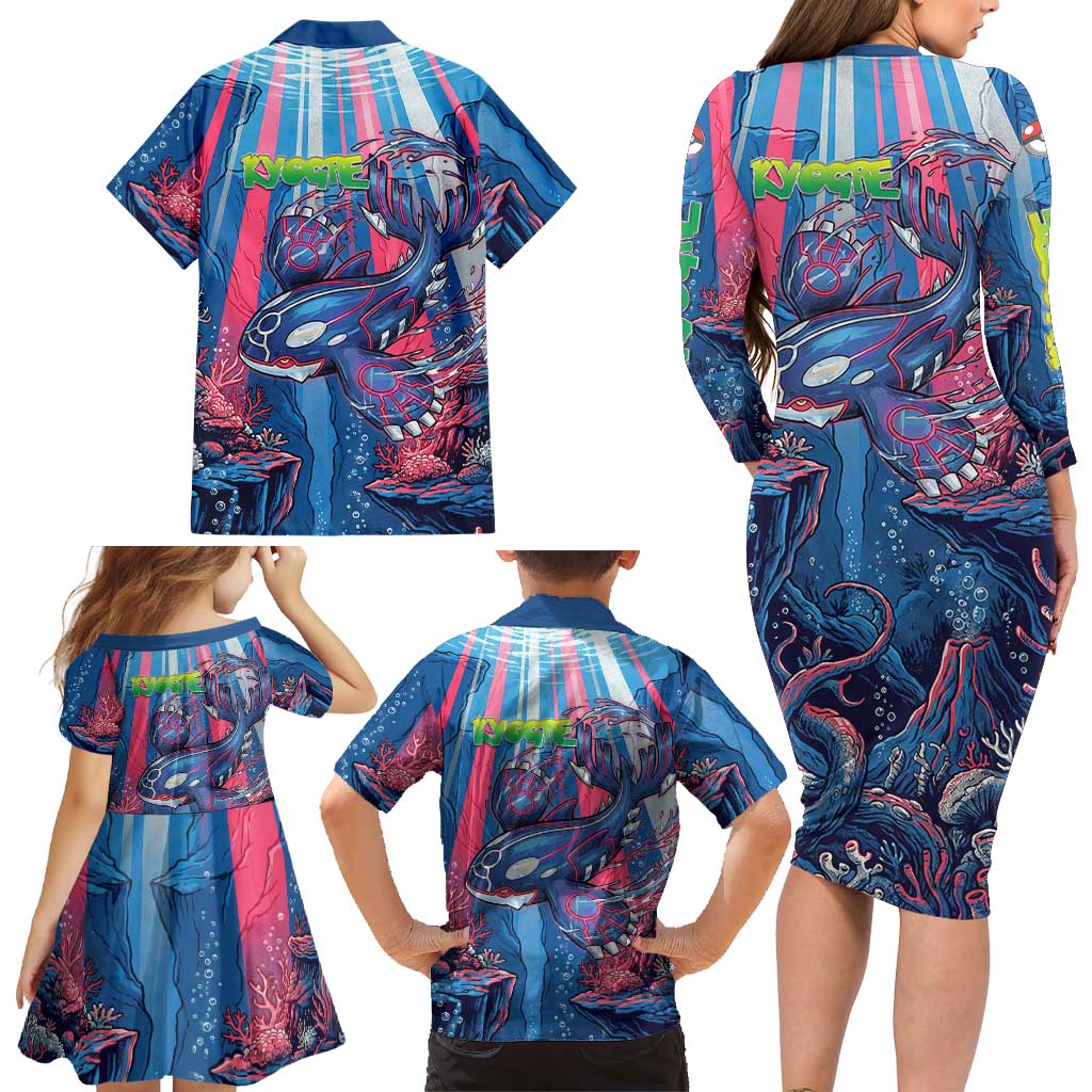Kyogre Alpha Family Matching Long Sleeve Bodycon Dress and Hawaiian Shirt Neon Deep Sea Coral Art