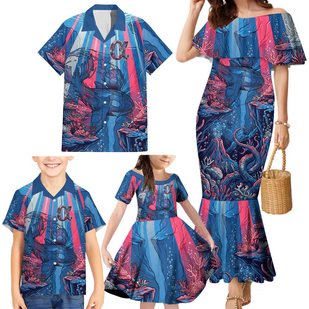 Kyogre Alpha Family Matching Mermaid Dress and Hawaiian Shirt Neon Deep Sea Coral Art