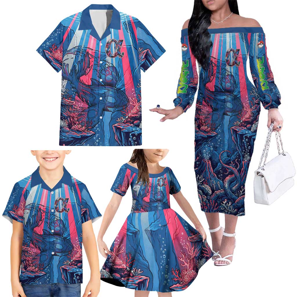 Kyogre Alpha Family Matching Off The Shoulder Long Sleeve Dress and Hawaiian Shirt Neon Deep Sea Coral Art
