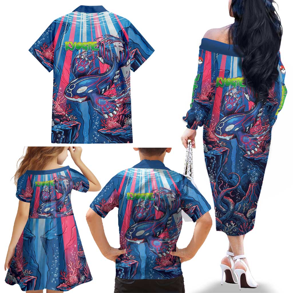 Kyogre Alpha Family Matching Off The Shoulder Long Sleeve Dress and Hawaiian Shirt Neon Deep Sea Coral Art