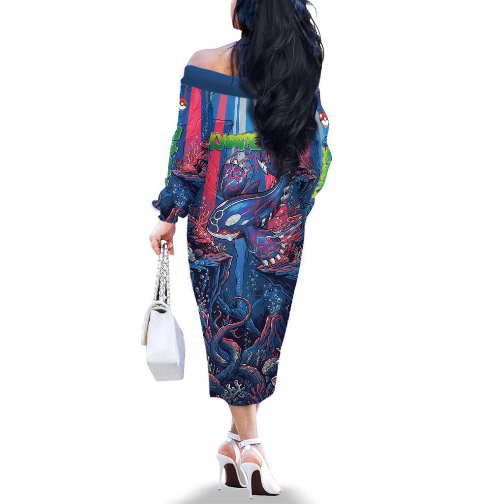 Kyogre Alpha Family Matching Off The Shoulder Long Sleeve Dress and Hawaiian Shirt Neon Deep Sea Coral Art