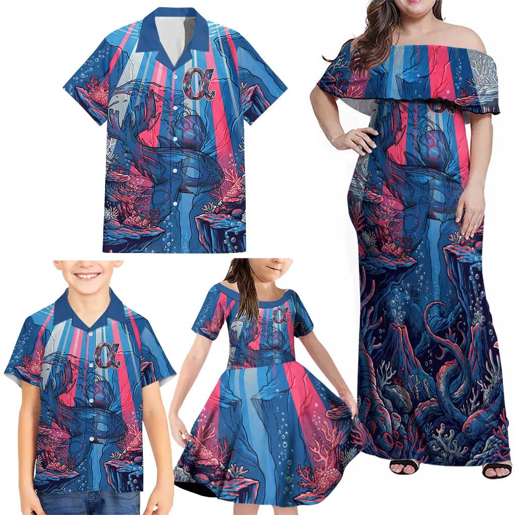 Kyogre Alpha Family Matching Off Shoulder Maxi Dress and Hawaiian Shirt Neon Deep Sea Coral Art