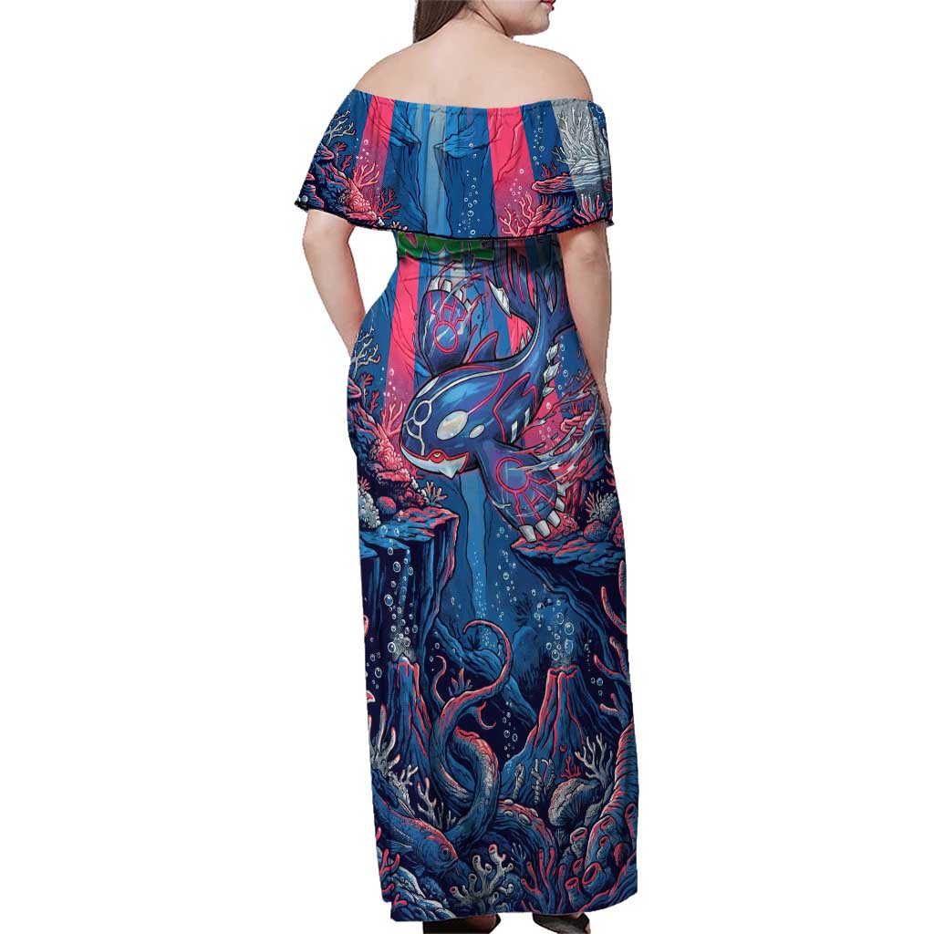 Kyogre Alpha Family Matching Off Shoulder Maxi Dress and Hawaiian Shirt Neon Deep Sea Coral Art