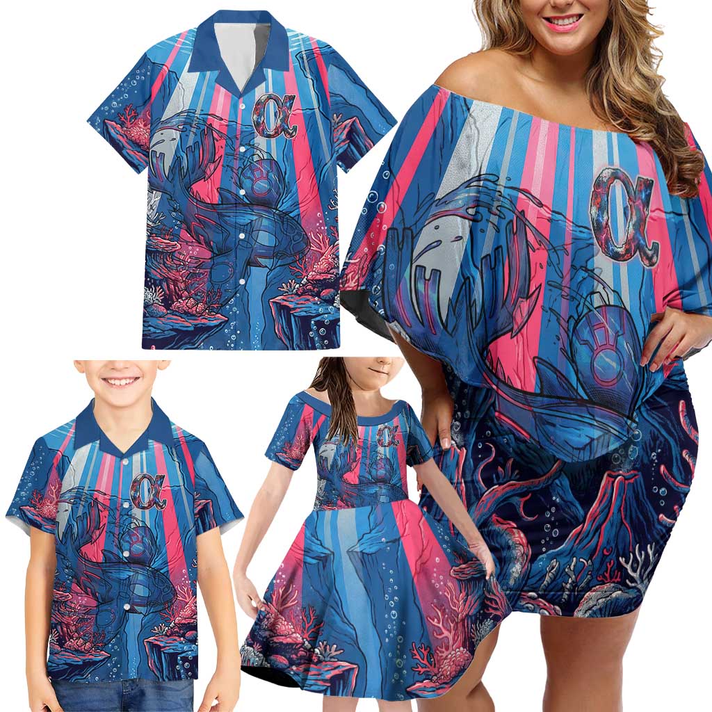 Kyogre Alpha Family Matching Off Shoulder Short Dress and Hawaiian Shirt Neon Deep Sea Coral Art