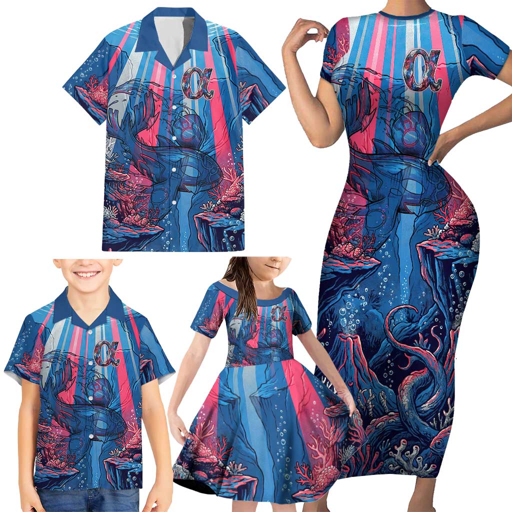 Kyogre Alpha Family Matching Short Sleeve Bodycon Dress and Hawaiian Shirt Neon Deep Sea Coral Art