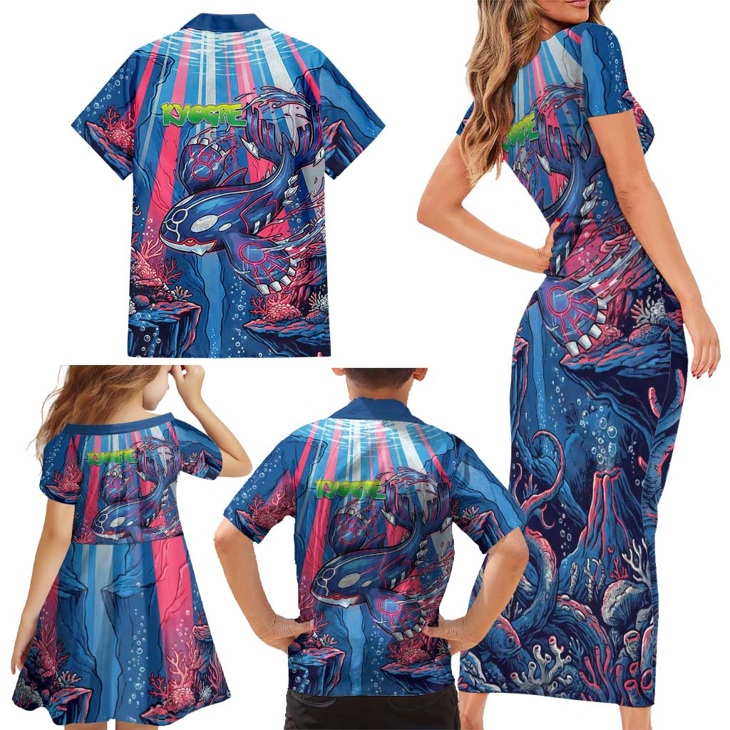 Kyogre Alpha Family Matching Short Sleeve Bodycon Dress and Hawaiian Shirt Neon Deep Sea Coral Art