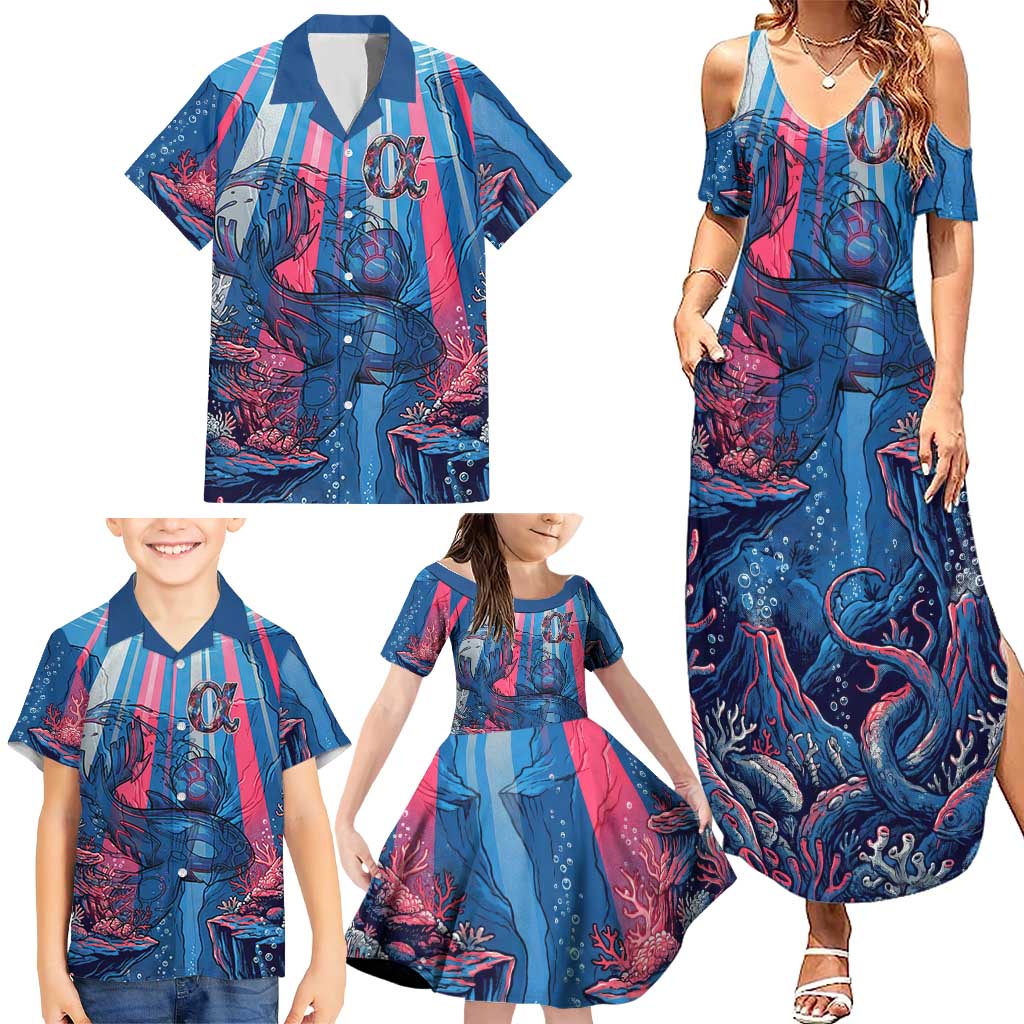 Kyogre Alpha Family Matching Summer Maxi Dress and Hawaiian Shirt Neon Deep Sea Coral Art