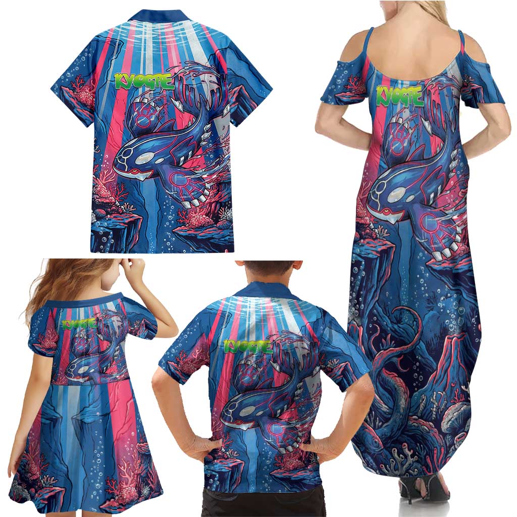 Kyogre Alpha Family Matching Summer Maxi Dress and Hawaiian Shirt Neon Deep Sea Coral Art