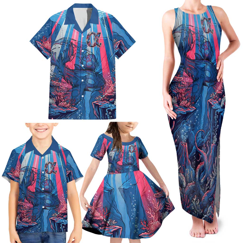 Kyogre Alpha Family Matching Tank Maxi Dress and Hawaiian Shirt Neon Deep Sea Coral Art