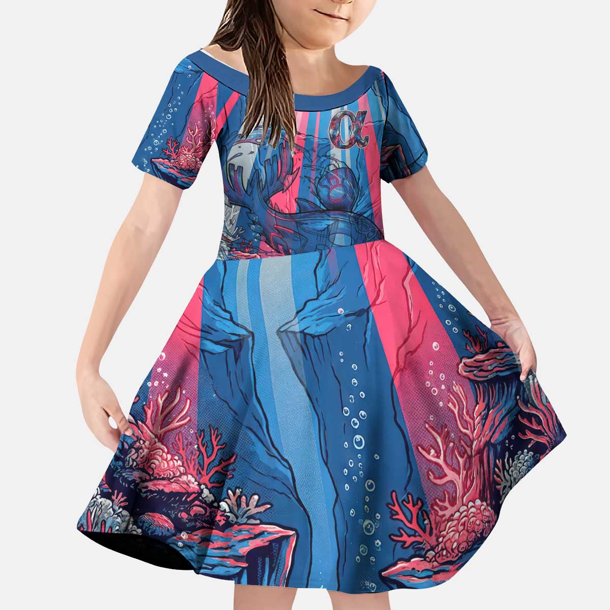 Kyogre Alpha Kid Short Sleeve Dress Neon Deep Sea Coral Art