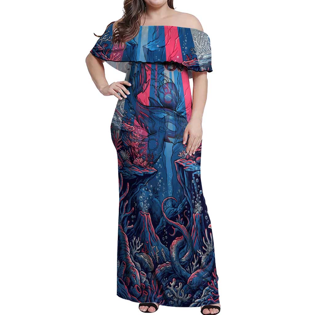 Kyogre Alpha Off Shoulder Maxi Dress Neon Deep Sea Coral Art