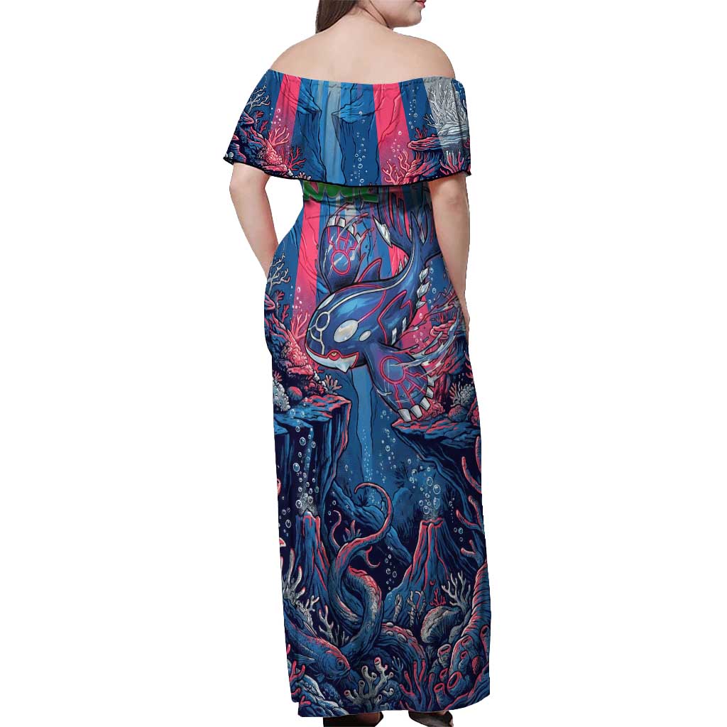 Kyogre Alpha Off Shoulder Maxi Dress Neon Deep Sea Coral Art