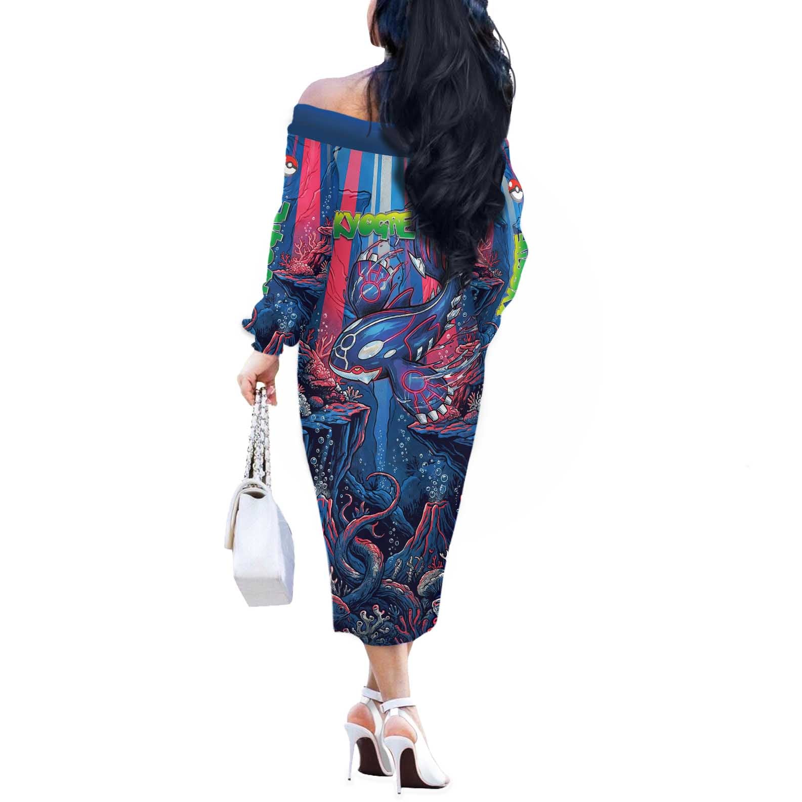 Kyogre Alpha Off The Shoulder Long Sleeve Dress Neon Deep Sea Coral Art
