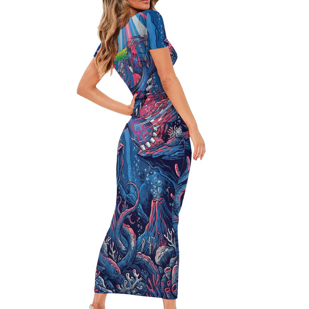 Kyogre Alpha Short Sleeve Bodycon Dress Neon Deep Sea Coral Art