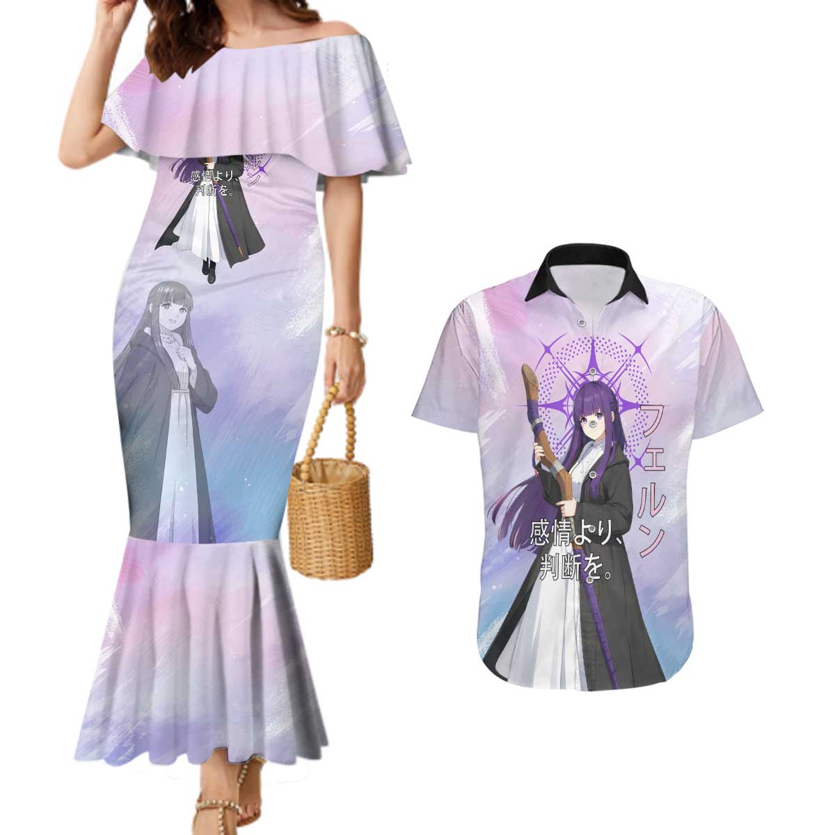 Fern Frieren Beyond Journey’s End Couples Matching Mermaid Dress and Hawaiian Shirt Anime Pastel Aesthetic