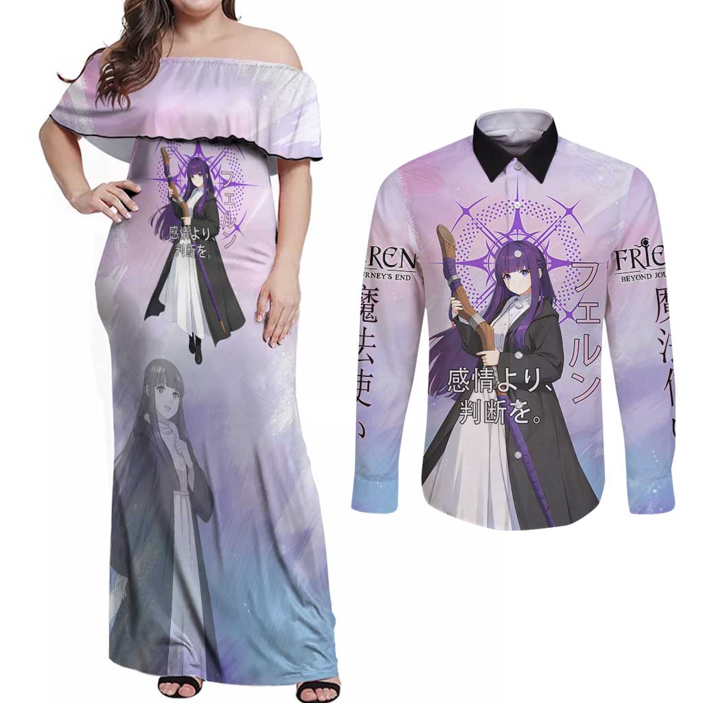 Fern Frieren Beyond Journey’s End Couples Matching Off Shoulder Maxi Dress and Long Sleeve Button Shirt Anime Pastel Aesthetic