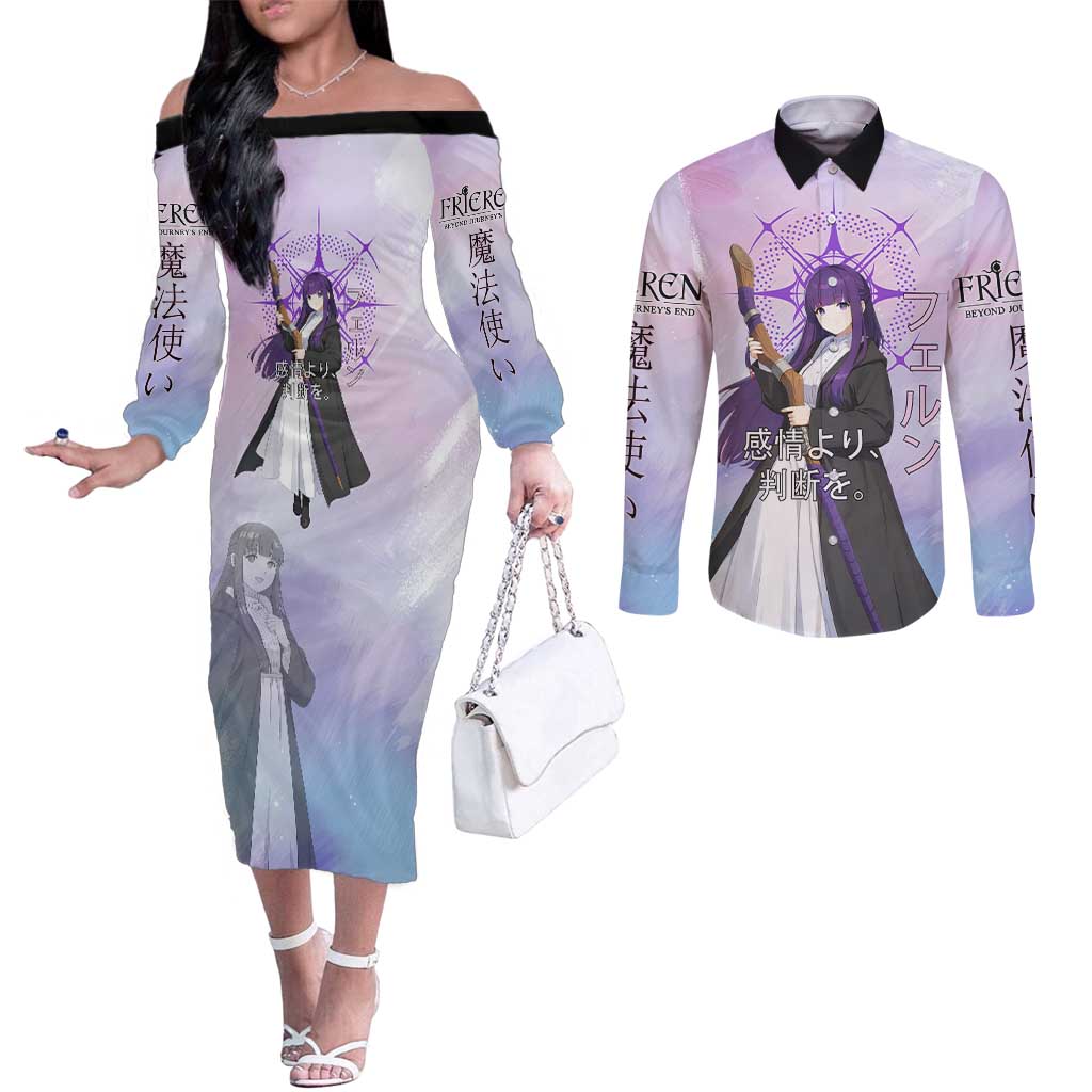 Fern Frieren Beyond Journey’s End Couples Matching Off The Shoulder Long Sleeve Dress and Long Sleeve Button Shirt Anime Pastel Aesthetic