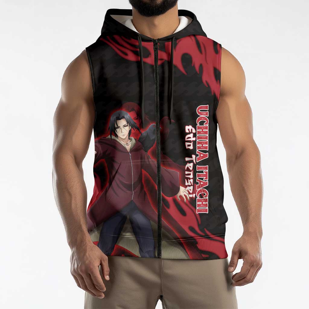 Uchiha Itachi Edo Tensei Naruto Sleeveless Zip Hoodie Crimson Flame Anime Resurrection Style