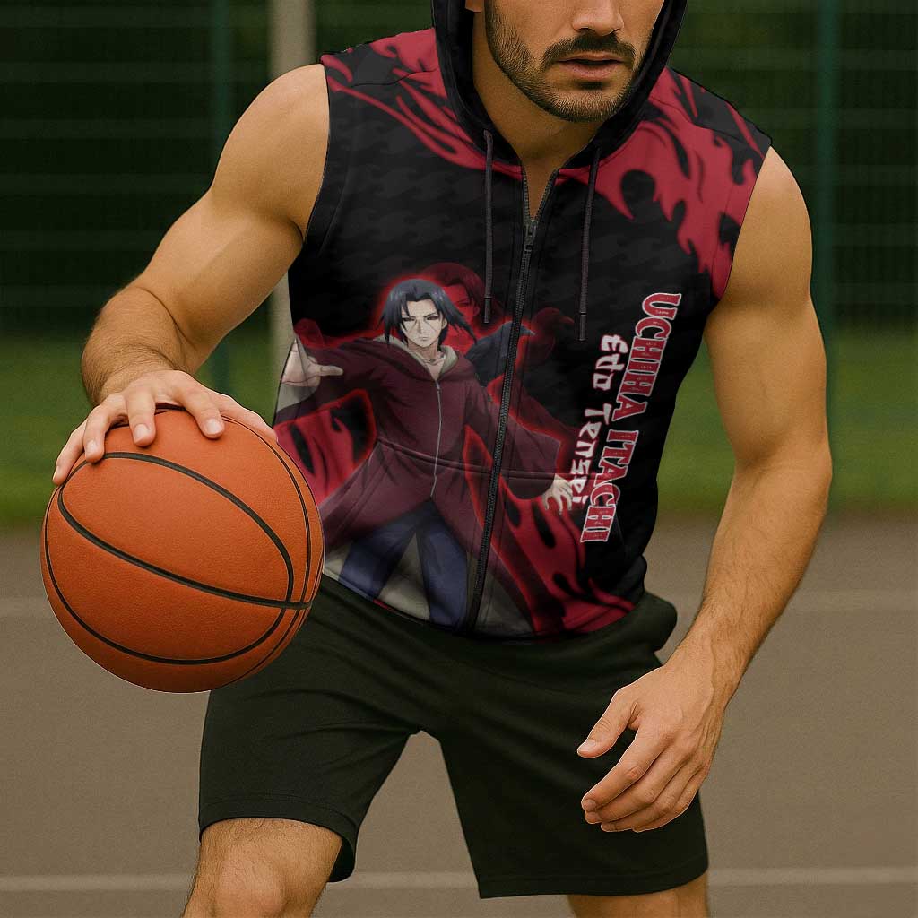 Uchiha Itachi Edo Tensei Naruto Sleeveless Zip Hoodie Crimson Flame Anime Resurrection Style