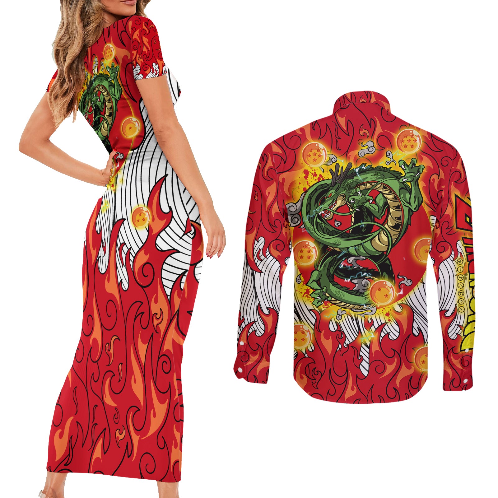 Shenron Couples Matching Short Sleeve Bodycon Dress and Long Sleeve Button Shirt Dragon Ball