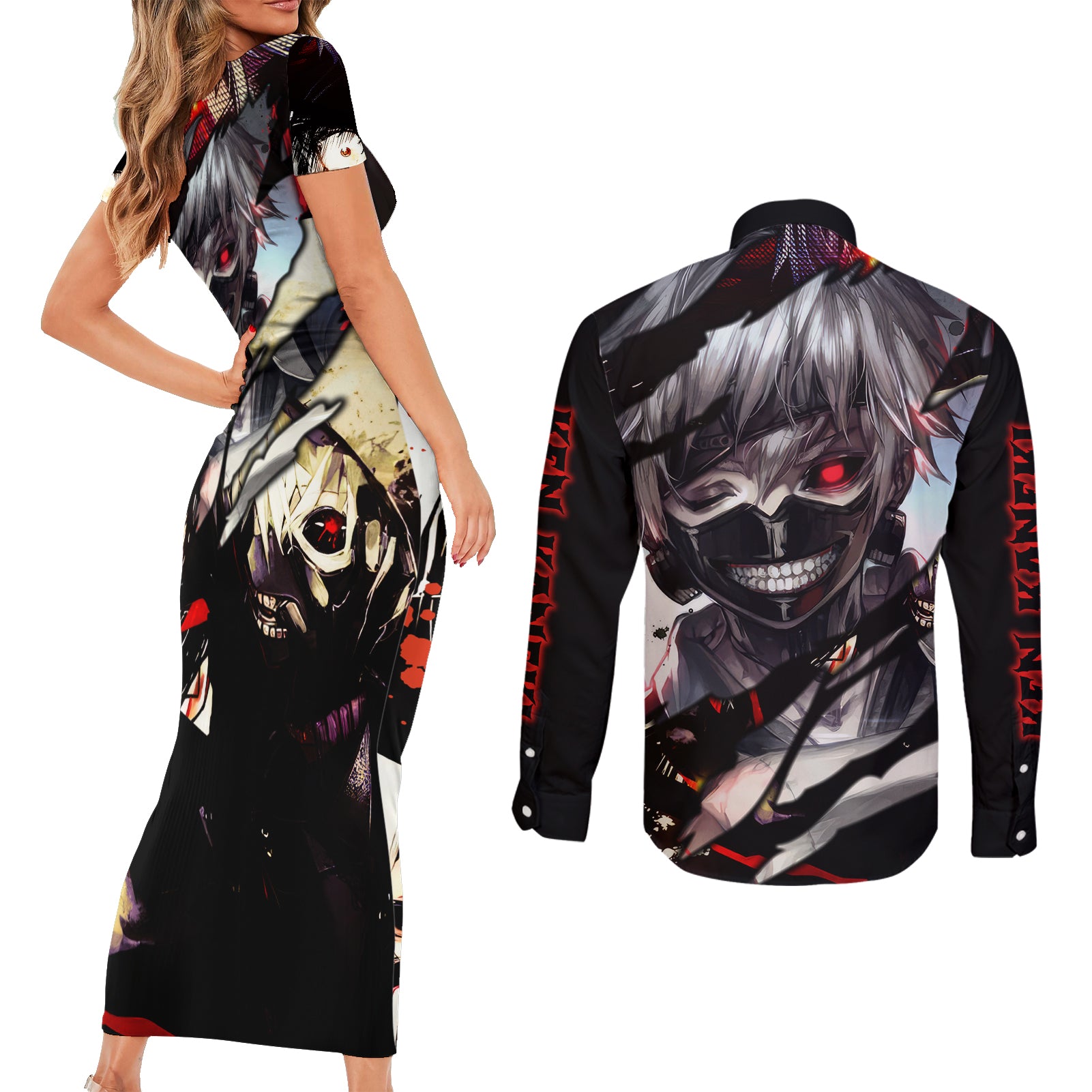 Ken Kaneki Couples Matching Short Sleeve Bodycon Dress and Long Sleeve Button Shirt Tokyo Ghoul TS04