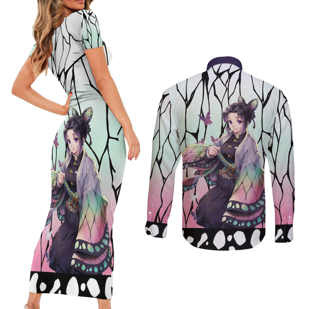 Shinobu Kocho - Demon Slayer Couples Matching Short Sleeve Bodycon Dress and Long Sleeve Button Shirt Anime Style Art