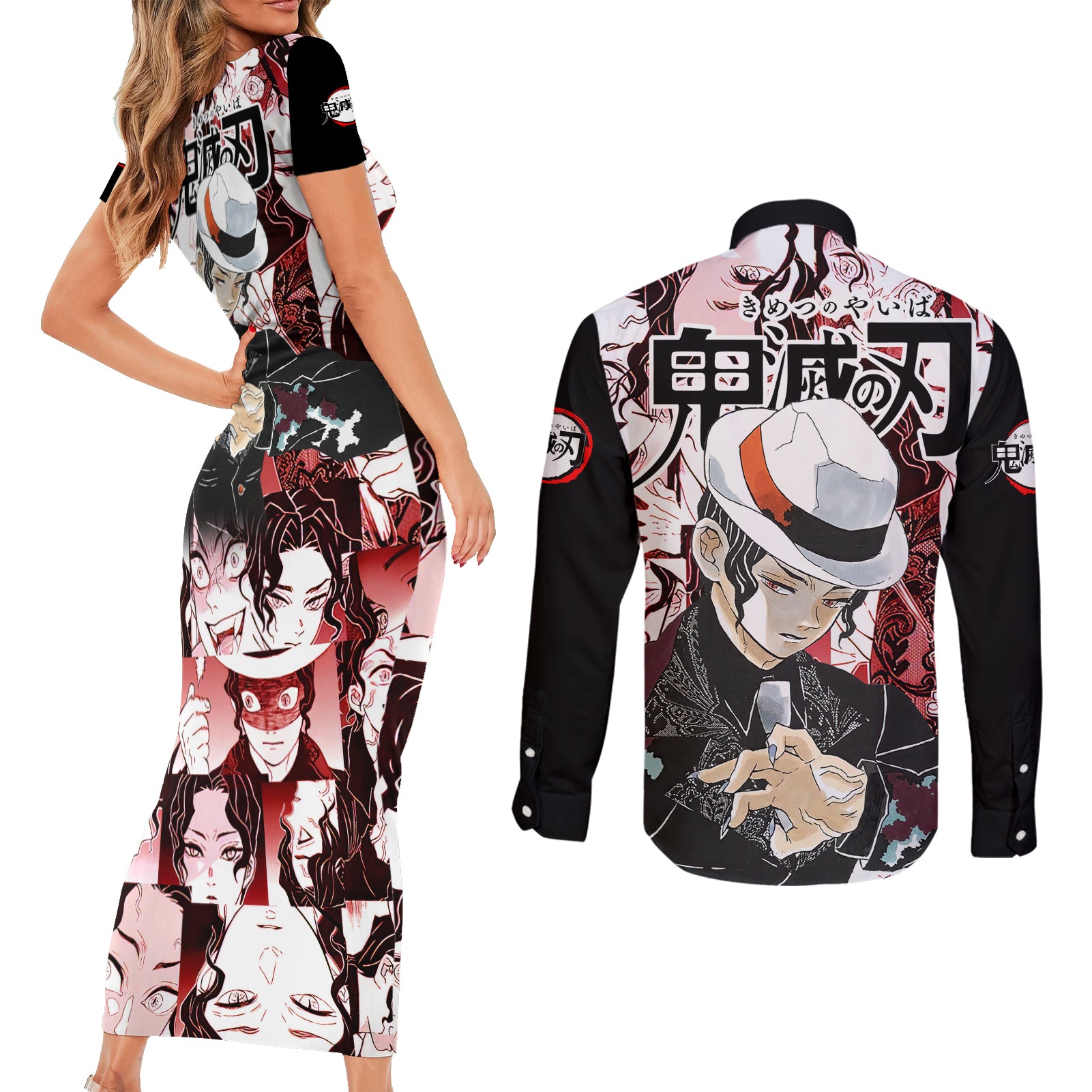 Muzan Kibutsuji Demon Slayer Couples Matching Short Sleeve Bodycon Dress and Long Sleeve Button Shirt Anime Mix Manga Style
