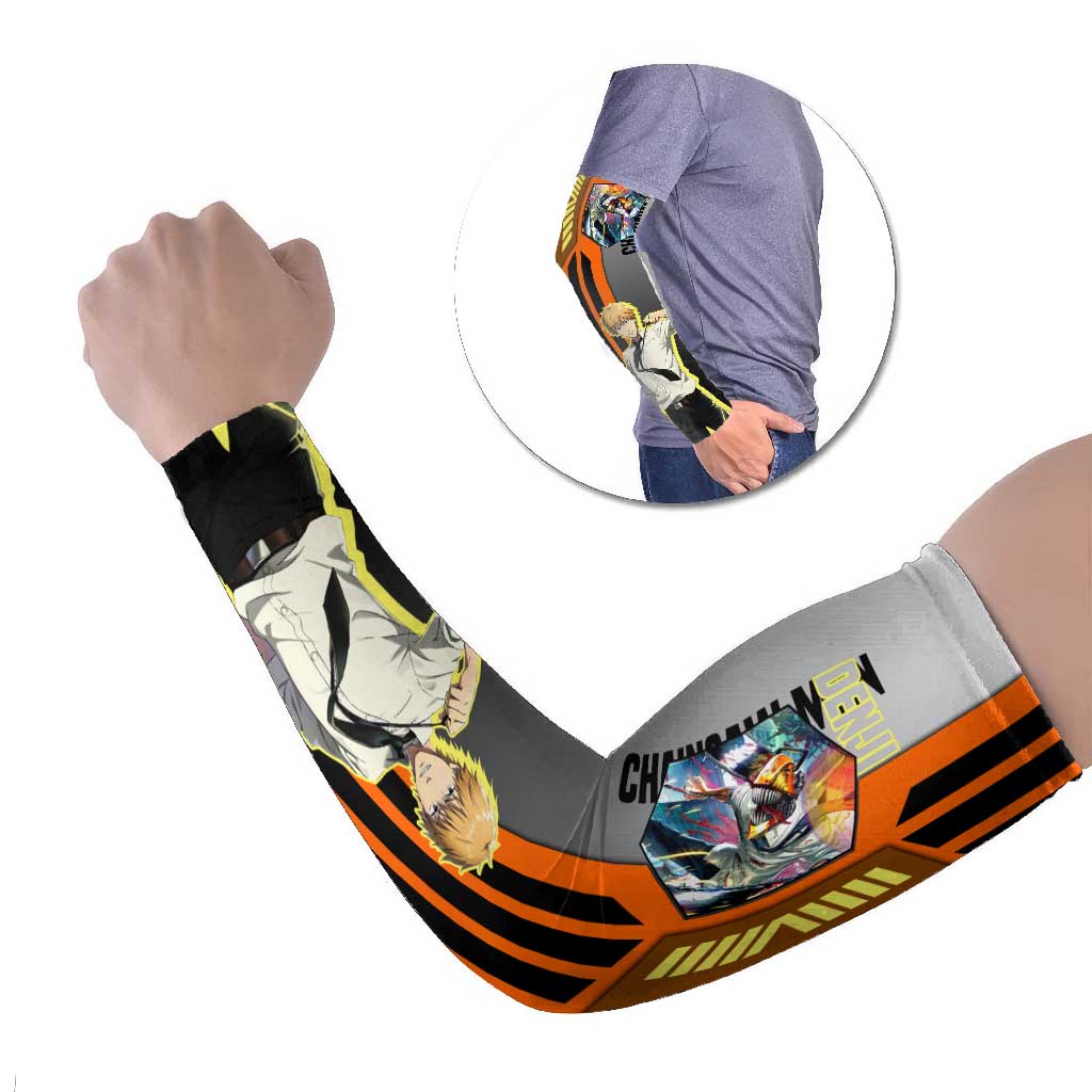Denji from Chainsaw Man Arm Sleeves with Energetic Posing and Chainsaw Demon Design - The Mazicc
