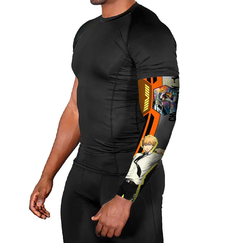Denji from Chainsaw Man Arm Sleeves with Energetic Posing and Chainsaw Demon Design - The Mazicc