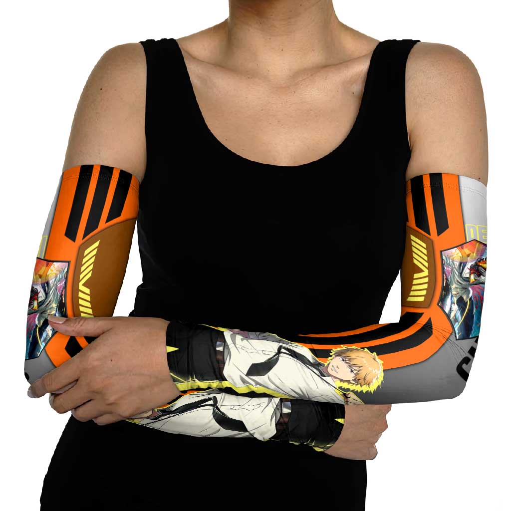 Denji from Chainsaw Man Arm Sleeves with Energetic Posing and Chainsaw Demon Design - The Mazicc