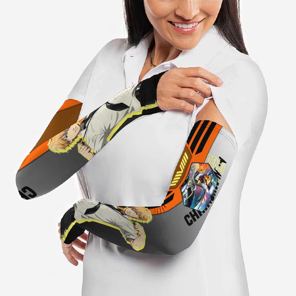 Denji from Chainsaw Man Arm Sleeves with Energetic Posing and Chainsaw Demon Design - The Mazicc