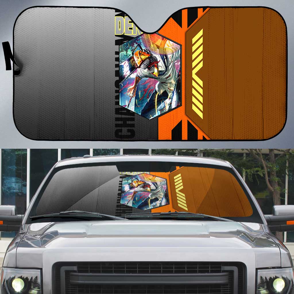 Denji from Chainsaw Man Auto Sun Shade with Energetic Posing and Chainsaw Demon Design - The Mazicc