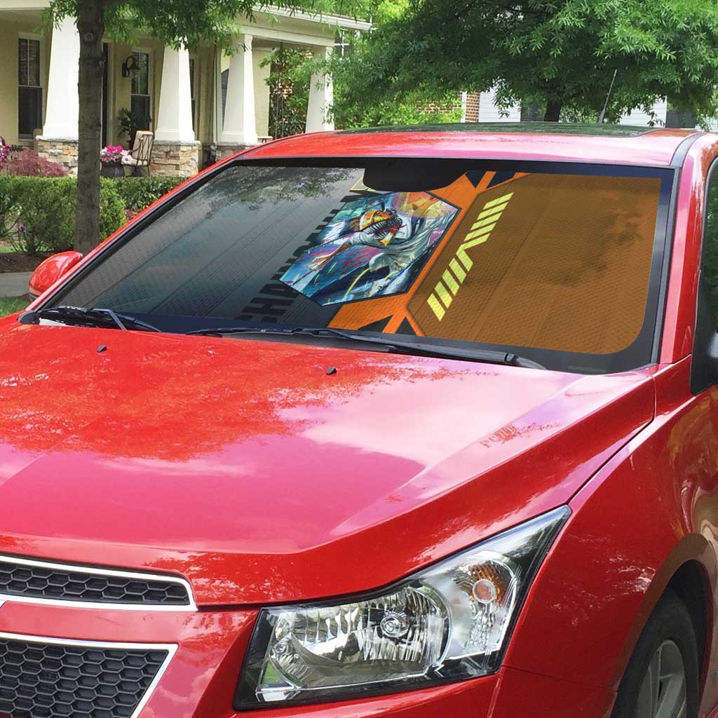 Denji from Chainsaw Man Auto Sun Shade with Energetic Posing and Chainsaw Demon Design - The Mazicc